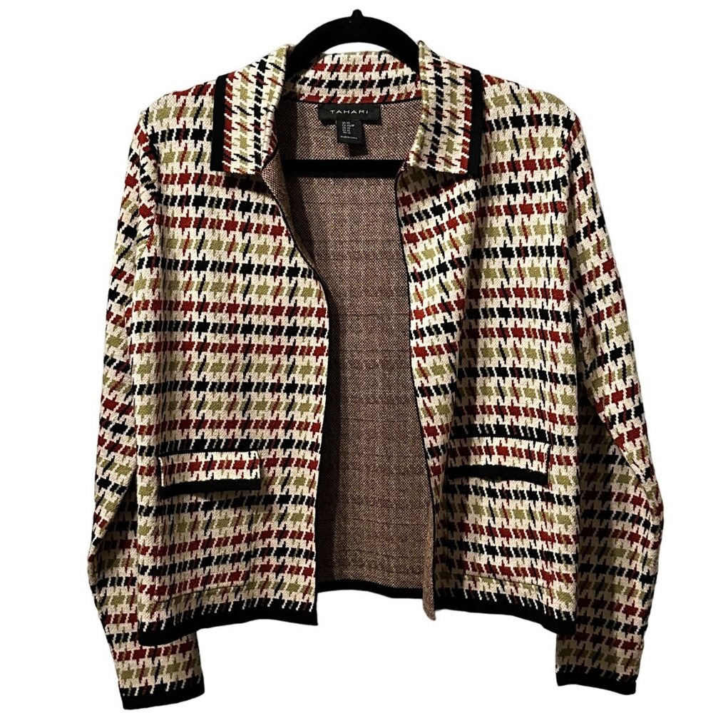 Tahari woman’s sz XS tan brick green black houndstooth cropped soft open jacket